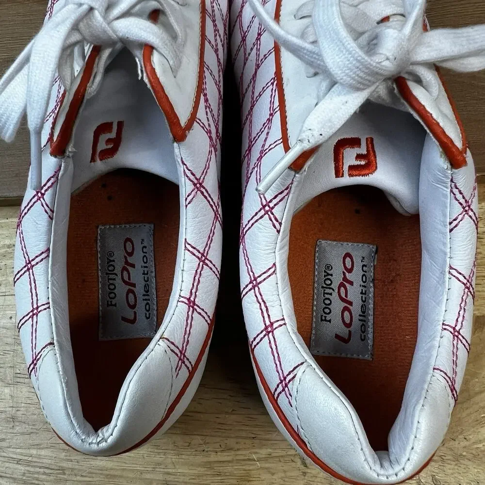 Footjoy Golf Shoes Women’s 8M Pink Plaid Orange Cleats 97222 Lace Up Spikes